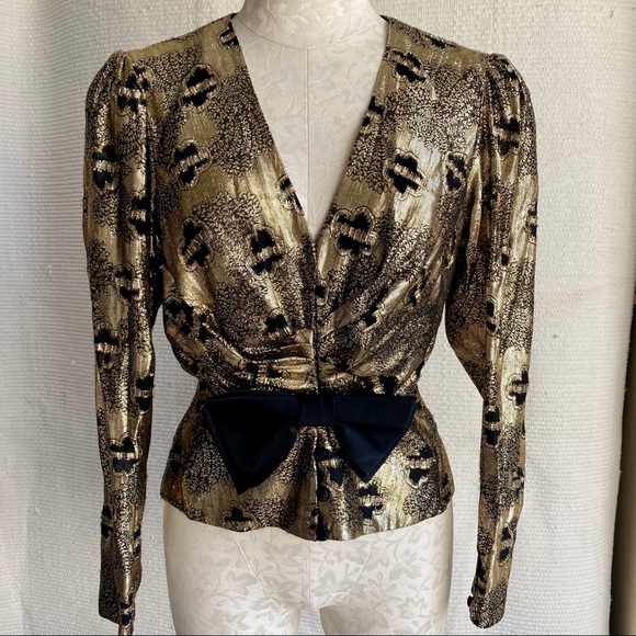 Vintage 60s 70s Metallic Top S Disco Party Blouse Black Gold Print - Picture 8 of 8